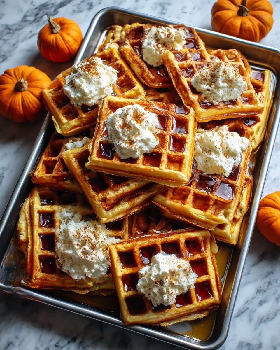 A close-up view of several square waffles stacked together, each waffle showing a golden-brown color with a crisp texture. The waffles have deep square pockets filled with dark amber syrup that glistens under the light. On top of some waffles, there are swirls of white whipped cream, lightly sprinkled with brown cinnamon powder, and drizzled with more syrup. The whole scene rests on a white marbled surface, with the warm lighting enhancing the contrast between the syrup, whipped cream, and the crispy waffles photo taken with an iphone --ar 4:5 --v 7