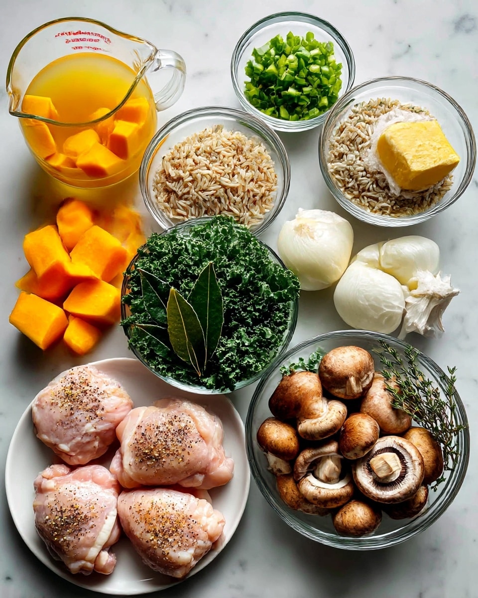 The image shows many ingredients placed on a white marbled surface, ready for cooking. In the bottom left, there is a white plate holding several pieces of raw chicken thighs seasoned with black pepper. Above it, a glass bowl contains bright orange cubed butternut squash. Next to it on the top left is a glass measuring cup filled with light yellow chicken broth. At the top center is a small glass bowl with chopped green celery. To the right, a block of butter wrapped in paper rests on the marble. Below that, a clear bowl holds a mix of wild rice topped with a dark green bay leaf. A large glass bowl filled with fresh curly green kale is to the bottom right of the rice. At the bottom right, sliced brown mushrooms fill another clear bowl. Near the kale are some garlic cloves and fresh thyme sprigs. At the bottom center is a small bowl with diced white onion. The setup presents each element neatly arranged in separate containers, highlighting their fresh and varied colors. Photo taken with an iphone --ar 4:5 --v 7