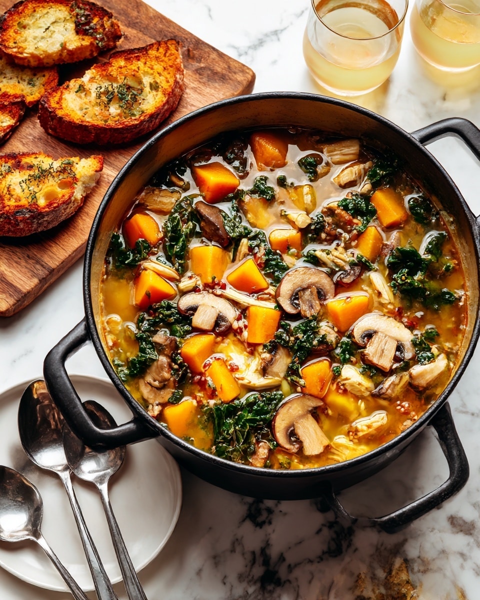 A pot filled with chunky soup showing many layers: bright orange cubes of squash, light brown sliced mushrooms, dark green kale pieces, and bits of white chicken all in a golden broth with some grains mixed in, floating evenly across the surface; the pot is black with handles and sits on a white marbled texture; near the pot, there is a wooden board with torn, golden-brown toasted bread, and a white plate with two metal spoons resting on it; in the background, parts of two clear glasses with light-colored drinks can be seen; photo taken with an iphone --ar 4:5 --v 7