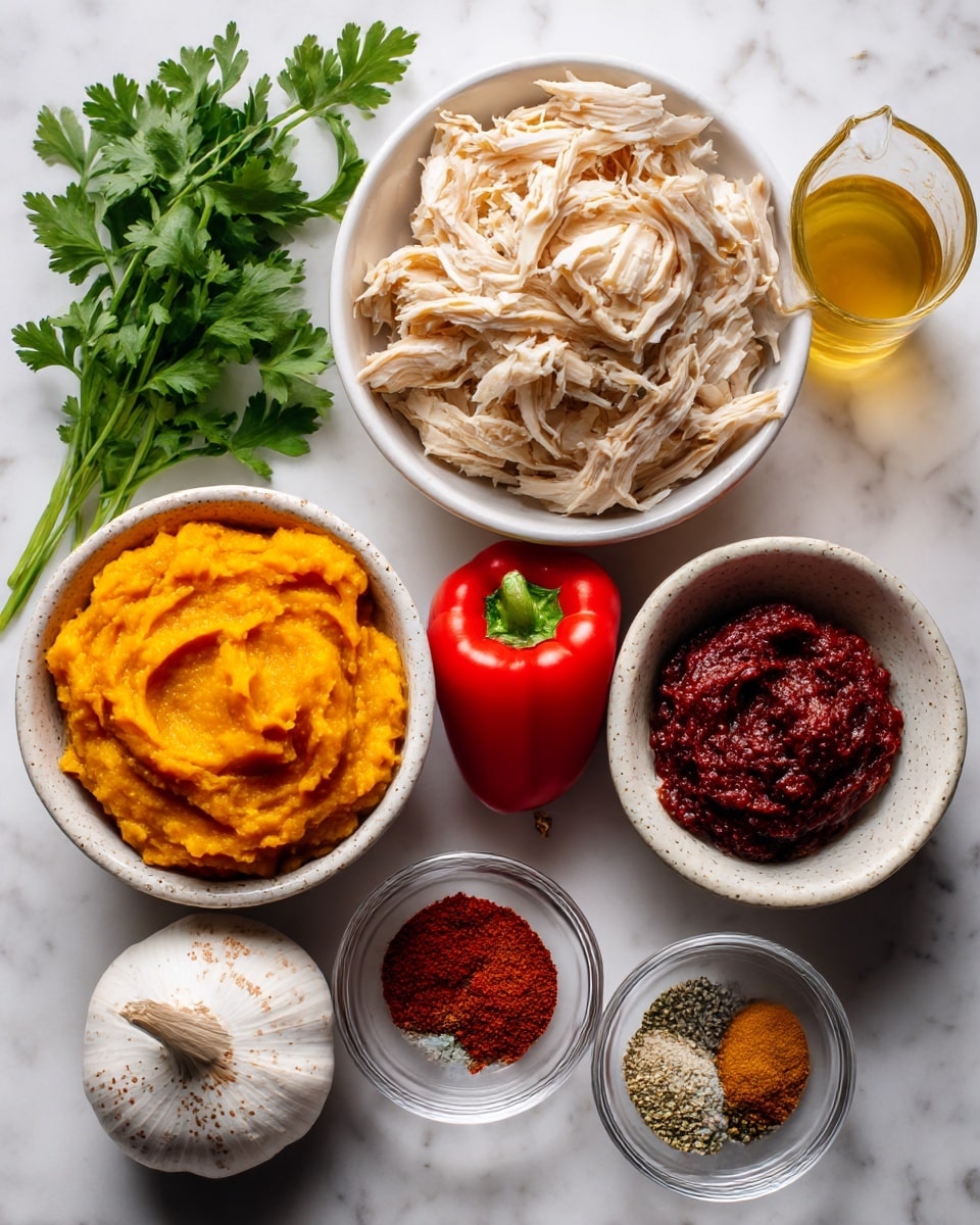 The image shows eight ingredients arranged on a white marbled surface. At the top center is a white bowl filled with light brown shredded chicken. Next to it on the right is a clear measuring cup containing golden broth. Below and slightly right of the chicken is an empty white bowl with a light speckled pattern. Below the bowl of shredded chicken is another white bowl filled with bright orange pumpkin puree that has a smooth but slightly chunky texture. To the right of the pumpkin puree is a small clear bowl holding deep red curry paste with a thick texture. Above the pumpkin puree is a small clear bowl containing a mix of red paprika powder, black pepper, and salt. To the left of the paprika bowl is a whole white garlic bulb, above which is a whole shiny red bell pepper with a green stem. Below the garlic bulb is a yellow onion with its light brown skin. On the far left at the top is a bunch of fresh green cilantro with visible leaves and stems. Photo taken with an iphone --ar 4:5 --v 7