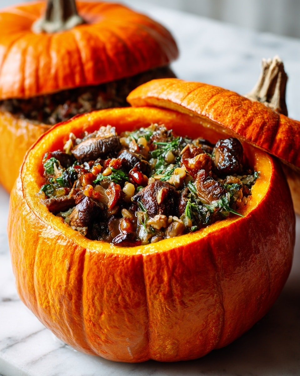 The image shows a pumpkin stuffed with three visible layers: the bottom layer is bright orange pumpkin flesh with a slightly roasted edge, the middle layer is a creamy beige stuffing mixed with small pieces of herbs and vegetables, and the top layer is a dark brown crispy crust with herbs sprinkled on it. The stuffed pumpkin sits on a white plate on a white marbled surface, with fresh green parsley leaves scattered around, adding a fresh touch. In the background, parts of more stuffed pumpkins are seen, enhancing the cozy, homemade feeling. Photo taken with an iphone --ar 4:5 --v 7