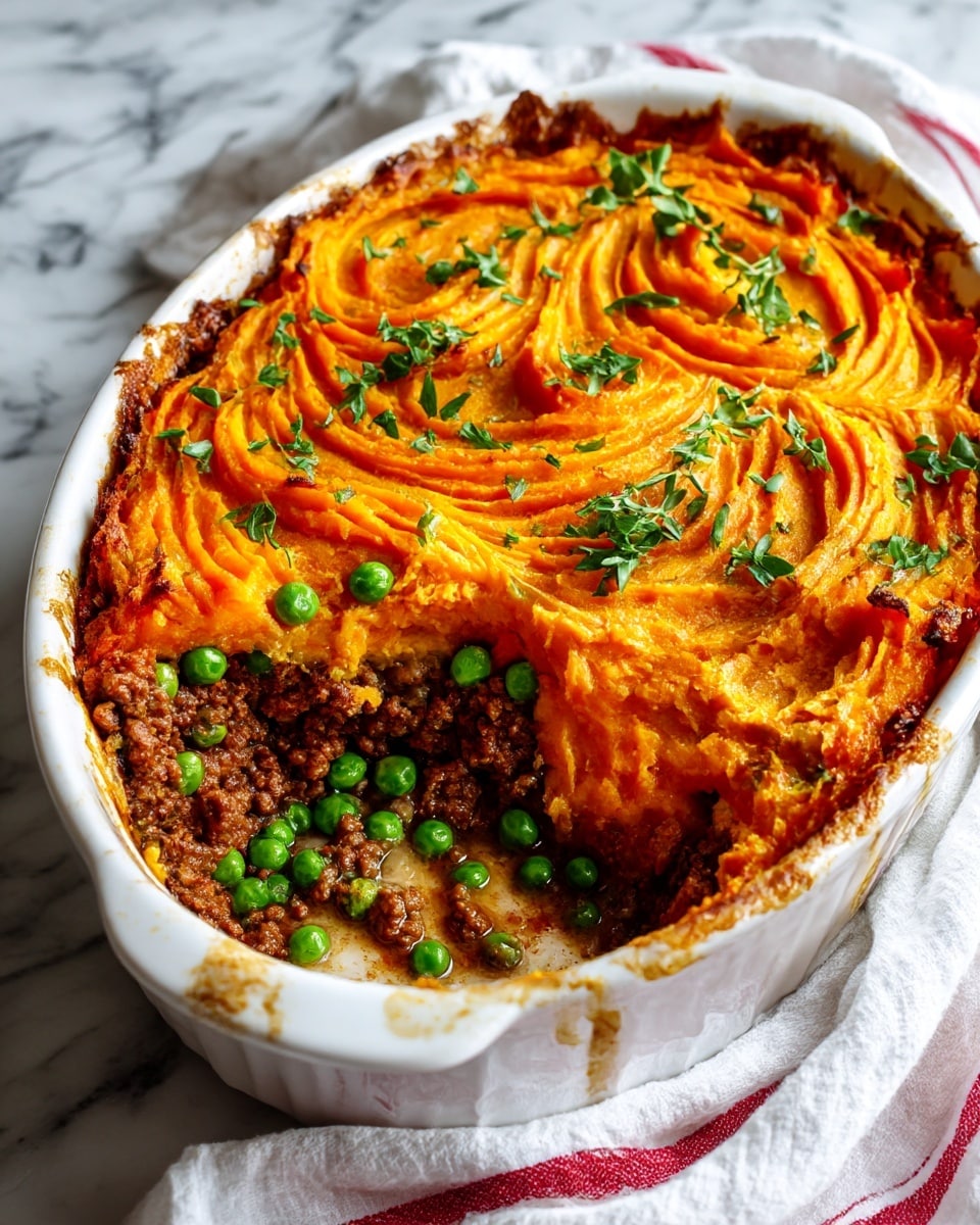 The image shows a two-layer dish on a white plate sitting on a white marbled surface. The bottom layer is a mixed meat and vegetable filling with brown minced meat, small bright orange carrot pieces, and green peas. The top layer is thick mashed orange sweet potato with some melted light yellow cheese sprinkled on the surface. Small green herb leaves lightly decorate the top. In front of the plate is a vintage silver fork resting on the plate with some food bits on it. In the background, a second similar plate holds another serving of the dish beside two clear textured glasses and garlic bulbs. A blue cloth is casually placed to the side. Photo taken with an iphone --ar 4:5 --v 7
