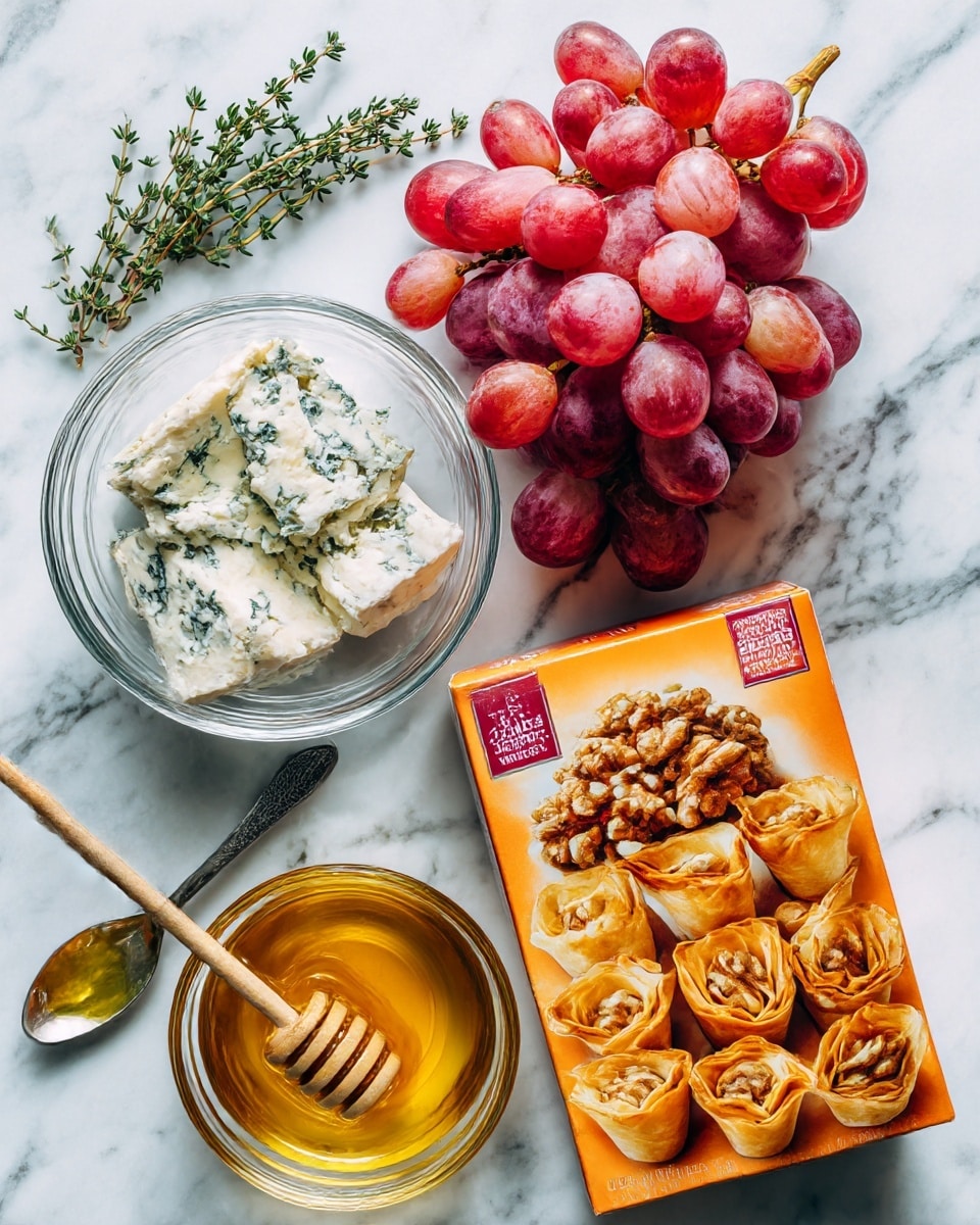 The image shows a wooden board holding eight small tartlets arranged closely together. Each tartlet has a delicate, golden-brown crisp crust with ruffled edges. Inside each crust, there are layers of creamy white cheese, red and golden grapes, and small nut pieces, giving a mix of soft and crunchy textures. In the background, on a white plate, there are more tartlets and red grapes with wooden picks placed on a white marbled surface. The photo is bright and clear, showing soft natural light. photo taken with an iphone --ar 4:5 --v 7