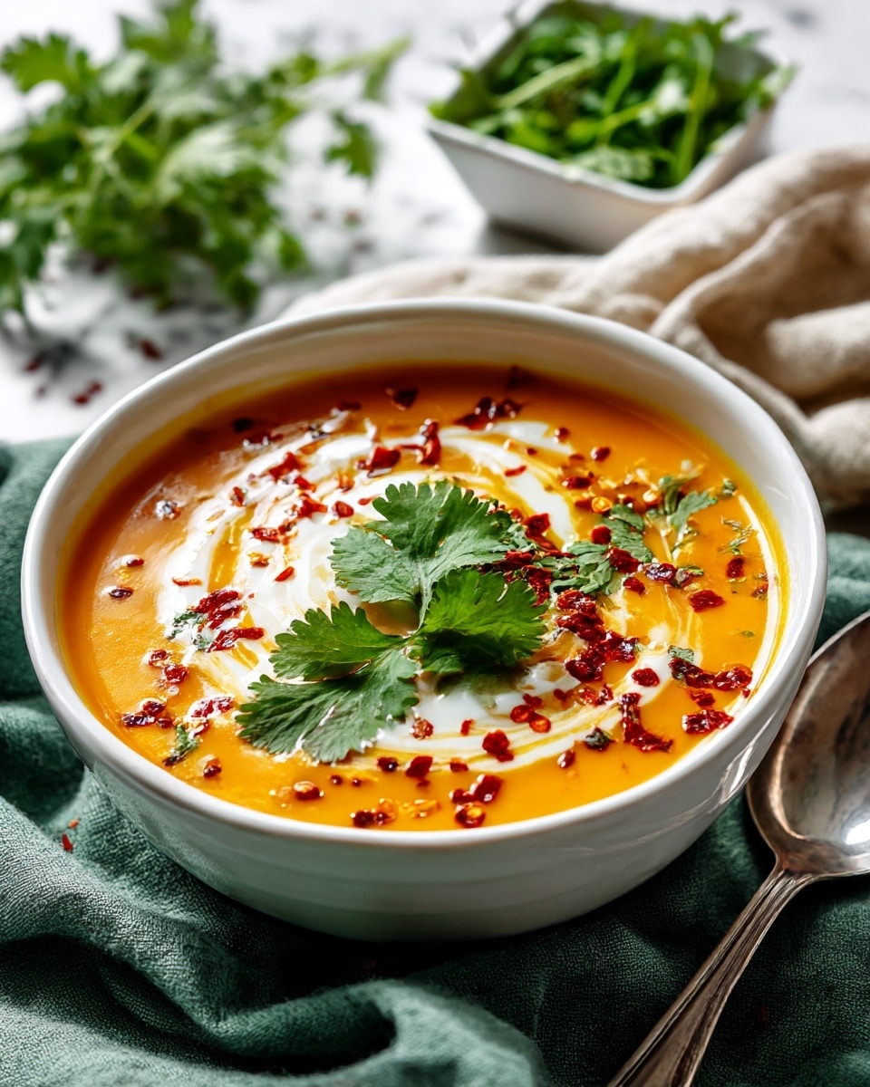 A white bowl filled with smooth, thick orange soup with a small swirl of white cream in the center, topped with a green coriander leaf and scattered red chili flakes. The bowl is placed on a green fabric, with part of a shiny metal spoon and a beige cloth visible in the background on a white marbled surface. Some fresh green herbs in a small white square bowl are seen blurred in the back. photo taken with an iphone --ar 4:5 --v 7