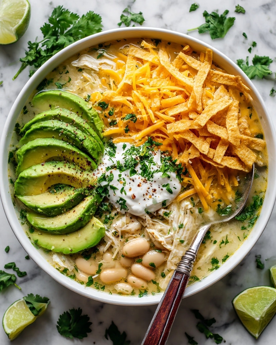 The image shows a large white bowl filled with a creamy soup that has a light beige broth with visible corn and shredded chicken pieces. On top, there are several layers including a handful of thin crispy tortilla strips placed in the center, bright yellow shredded cheddar cheese scattered mainly on one side, a dollop of white sour cream in the middle, and two slices of fresh green avocado fanned out on either side of the sour cream. The dish is garnished with small sprinkles of chopped green herbs. A spoon with a dark wooden handle rests inside the bowl on the right side. The bowl sits on a white marbled surface with a small bowl of fresh green herbs and lime wedges nearby. Photo taken with an iphone --ar 4:5 --v 7
