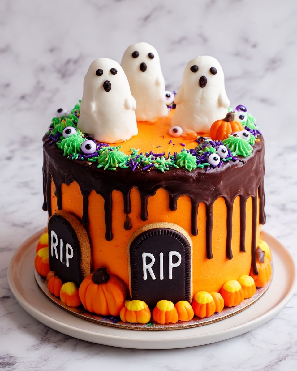 A Halloween cake with two main layers is shown. The bottom layer is covered in smooth bright orange frosting. The top layer has dark chocolate glaze dripping down the sides. Around the top edge, there are green, purple, and black sprinkles mixed with white candy eyes. On top of the cake, there are three small cookie tombstones with black