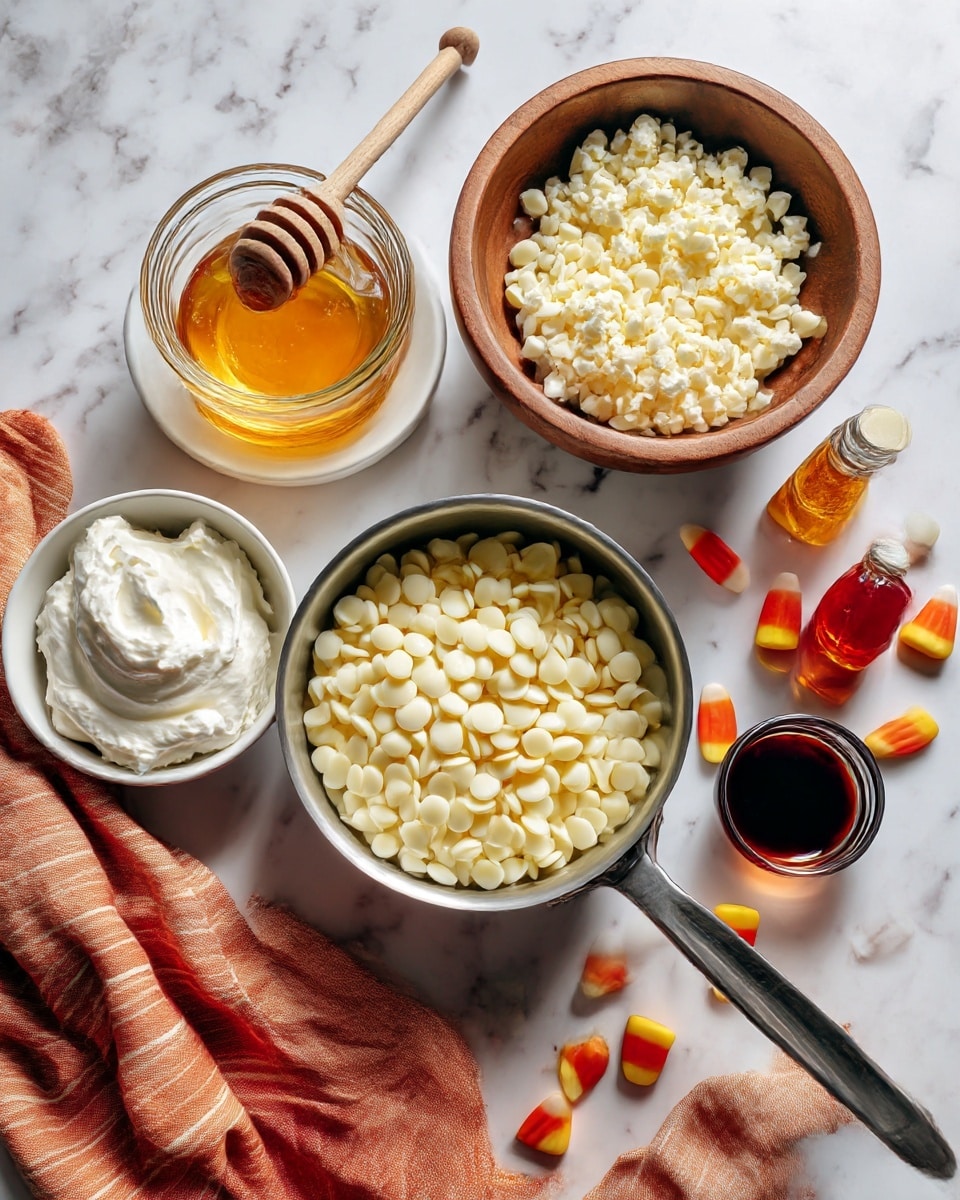 The image shows a top view of a cooking setup on a white marbled surface with several ingredients arranged neatly. At the bottom right, there is a silver pan filled with creamy white chocolate chips, while above it to the left is a wooden bowl also filled with white chocolate chips. Above the pan and center is a small glass container filled with golden honey and a wooden honey dipper inside. To the left of the honey jar is a small white bowl holding thick heavy whipping cream. On the upper right side, a small white plate holds a spoonful of dark vanilla extract. Near this plate are two small bottles of red and yellow food coloring liquids. Scattered candy corn pieces are placed on the surface near the bottom right corner, and a soft orange striped cloth lies at the bottom left. The text labels each ingredient clearly around them. photo taken with an iphone --ar 4:5 --v 7