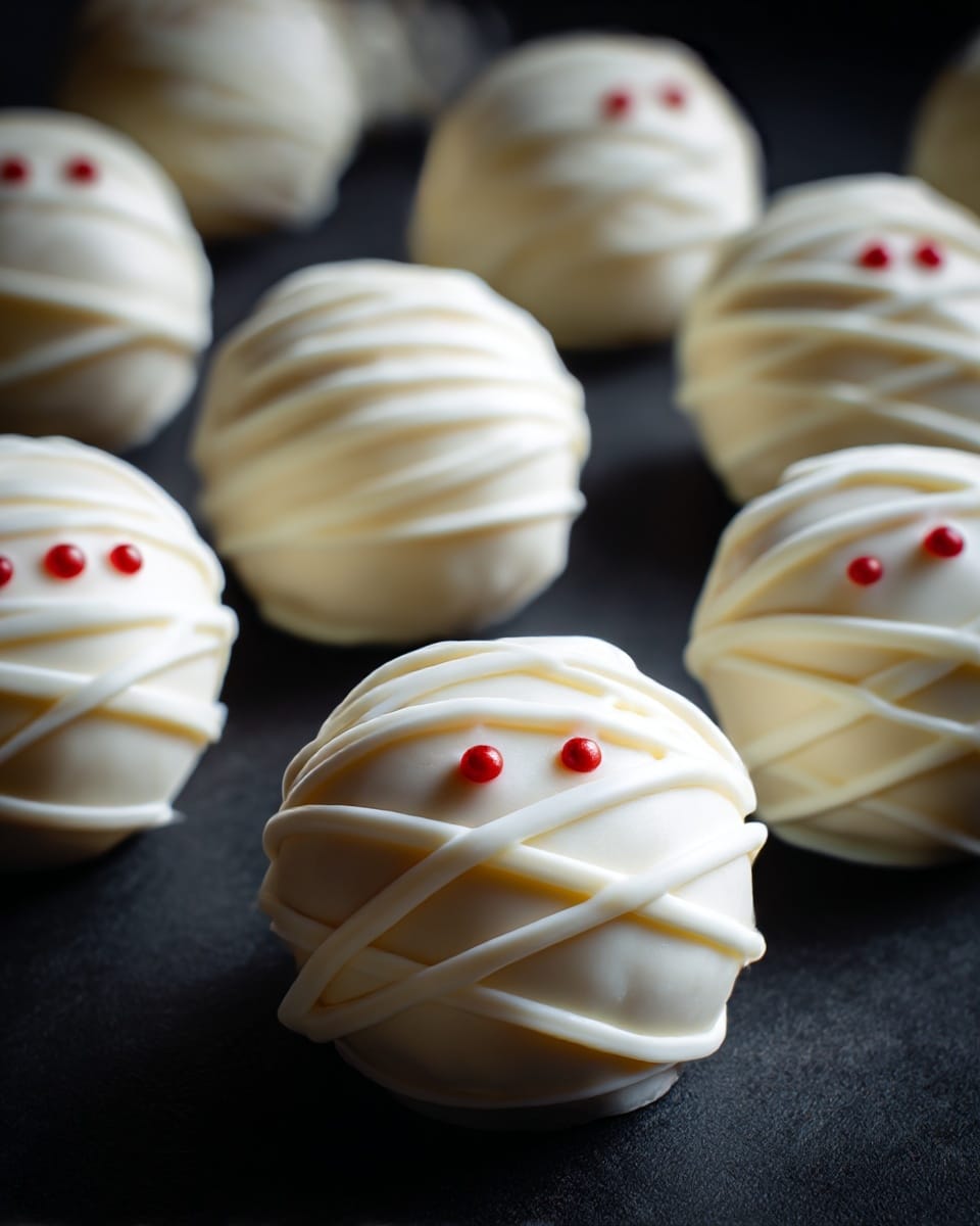 The image shows several round white treats on a white marbled surface, each decorated to look like a mummy face. Each treat has smooth white coating as the base layer, with thin white lines draped around them to mimic wrapped bandages, creating a textured layer on top. Small red dots, shaped like eyes, are placed near the center of each treat, adding vivid color contrast. The treats are arranged in a scattered pattern, with one in the front sharply in focus and the others softly blurred in the background. photo taken with an iphone --ar 4:5 --v 7