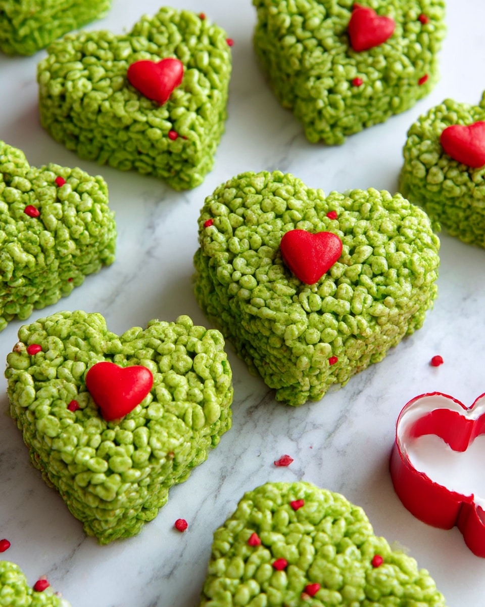The image shows several heart-shaped treats made from green-colored Rice Krispies, placed on a white marbled surface. Each treat has a rough, bumpy texture from the puffed rice cereal pieces tightly packed together in one thick layer. On the top center of some hearts, there is a small red candy shaped like a heart. In the background, a white marbled surface holds more of these green heart-shaped treats. In another part of the image, a red and white heart-shaped cookie cutter is pressed into a thick, flattened layer of the green Rice Krispies mixture, ready to form more hearts. The overall color scheme is bright green with small red accents on a white marbled background. Photo taken with an iphone --ar 4:5 --v 7
