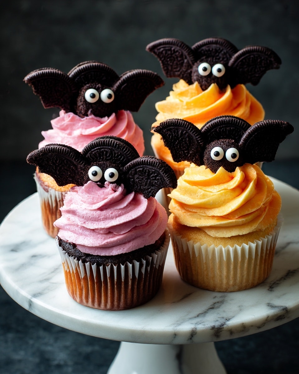 Four cupcakes with colorful frosting—pink, orange, yellow, and yellow—sit on a white marbled cake stand. Each cupcake has two halves of a dark chocolate cookie on top, shaped like bat wings with a small, round chocolate at the base holding two white candy eyes with black pupils. The cupcakes are placed close together, and the background is dark, making the bright frosting and bat decorations stand out. Photo taken with an iphone --ar 4:5 --v 7