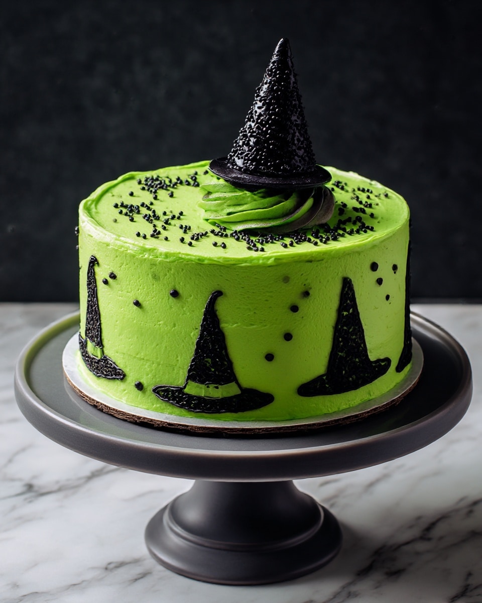 The cake is round with three layers, covered smoothly in bright green frosting. Around the sides are black icing drawings shaped like different witch hats, each with a simple outline and small black dots in between. On top, there is a swirl of black frosting in the center, topped by a black witch hat made of glossy material. Black sprinkles are scattered around the top swirl. The cake sits on a dark gray stand with a thick pedestal. The surface is a white marbled texture in front of a dark background. Photo taken with an iphone --ar 4:5 --v 7
