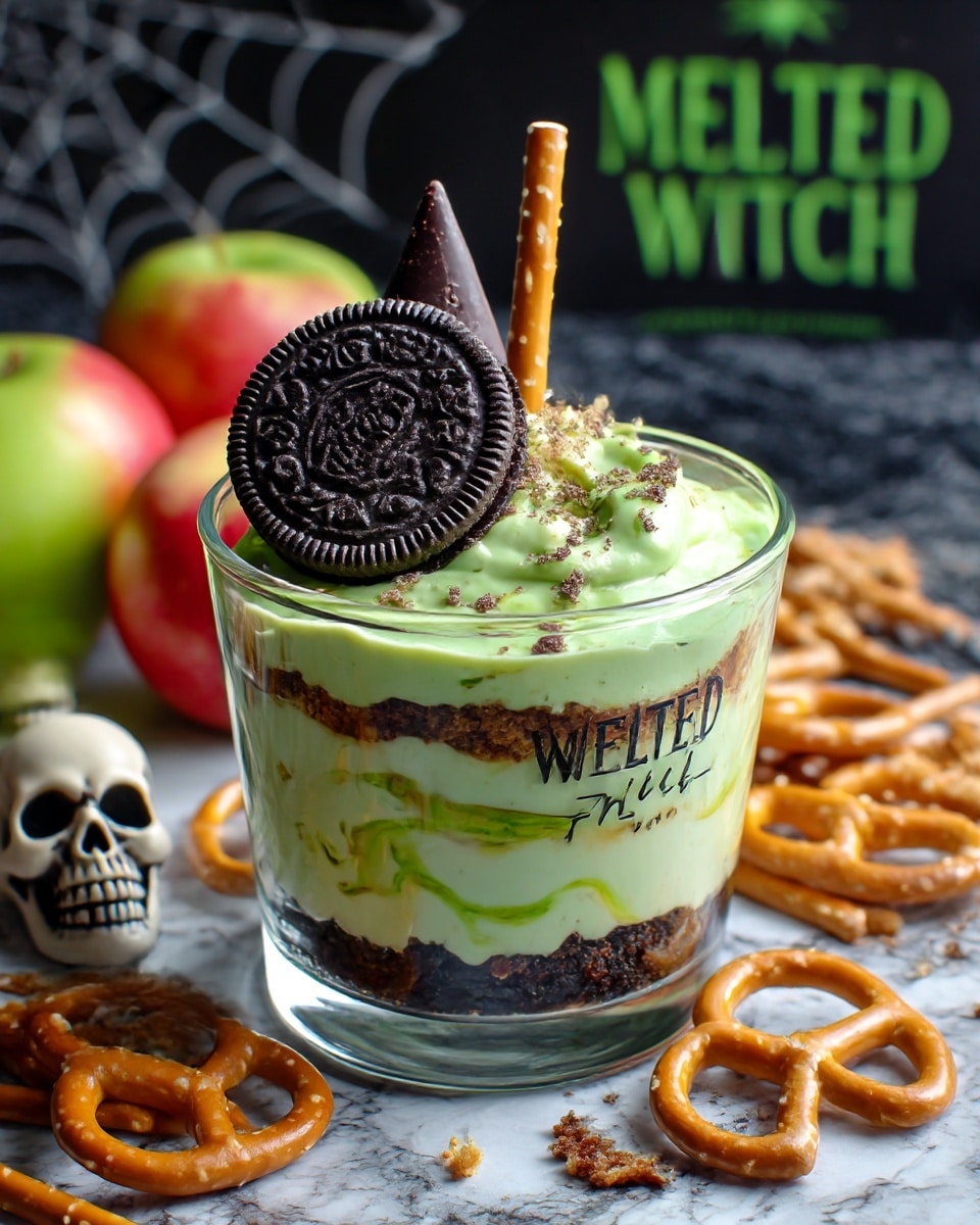 A clear glass shows a layered dessert with a dark cookie crumb base, topped with a thick light green creamy layer that has green swirls on the surface. On top, there is a whole black cookie with a pointed chocolate candy in the center, and a thin pretzel stick is placed standing in the creamy layer. Around the glass, there are green and red apples, small skull decorations, and some pretzel sticks scattered on a white marbled surface. The background is dark with spider web graphics and green and silver text saying