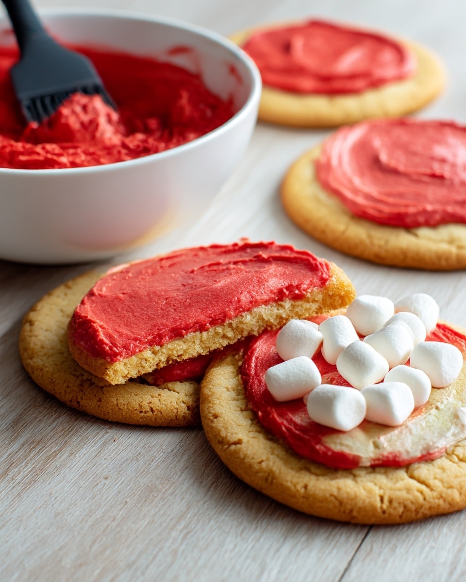 The image shows a close-up of three cookie slices on a light wooden surface. One cookie slice is decorated with a layer of bright red frosting spread evenly on top, while another slice in the background is covered with just the red frosting. The third cookie slice remains plain with a golden-brown, slightly cracked texture. On the slice with red frosting, small white mini marshmallows are arranged in a neat row near one edge. In the background, there is a white bowl filled with red frosting and a black spatula resting inside it. photo taken with an iphone --ar 4:5 --v 7