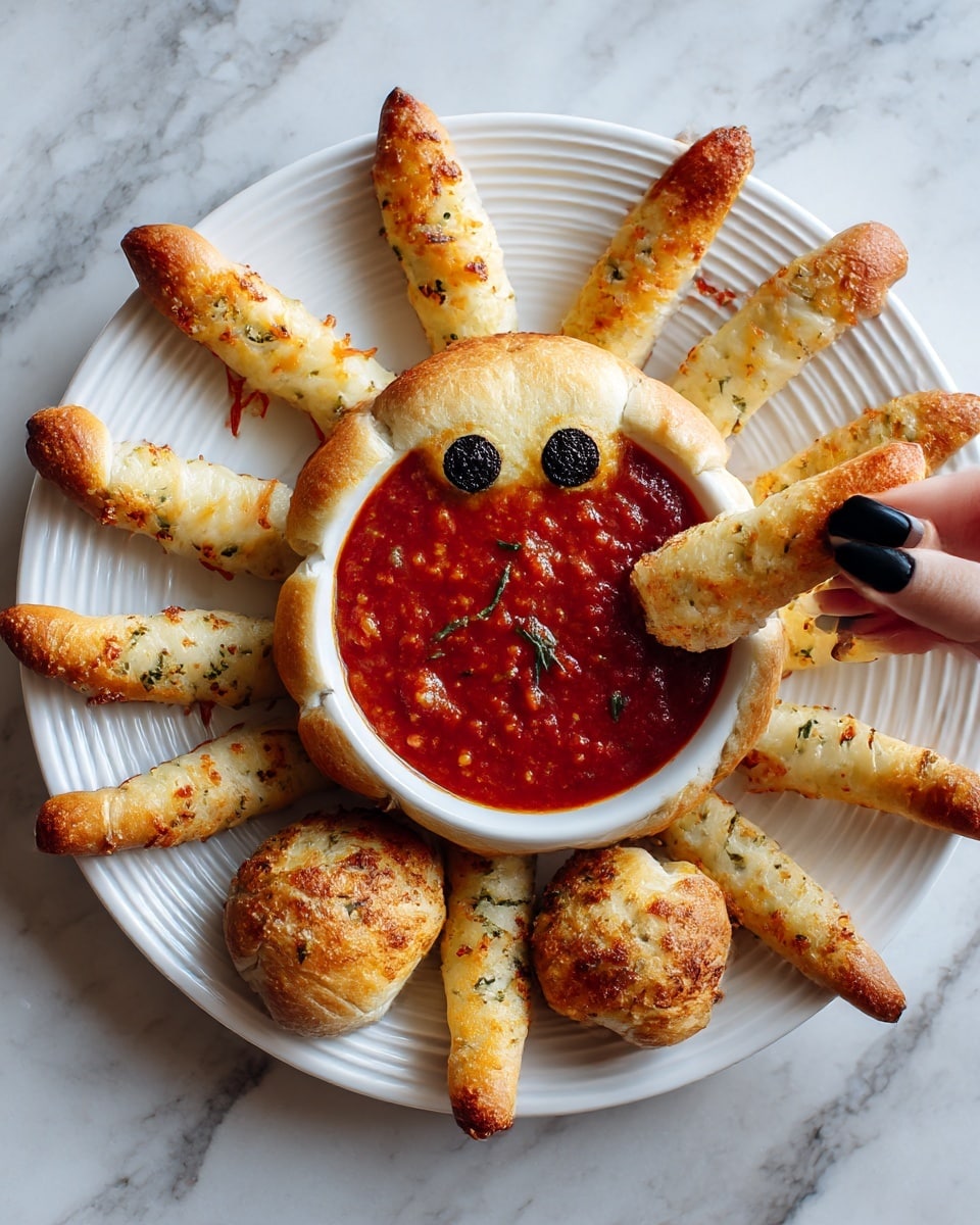 A white round bread bowl filled with a chunky red tomato sauce sits in the center of a white plate with a ridged texture, arranged to look like a spider. The bread bowl forms the crab's body, with a smaller round bread roll representing the head, featuring two black olive eye shapes. Eight curved breadsticks coated with melted cheese and slightly browned are placed around the body, acting as spider legs, extending out evenly in a circle. A woman's hand with black nail polish holds one breadstick dipped in the red sauce. The background is a white marbled texture. Photo taken with an iphone --ar 4:5 --v 7