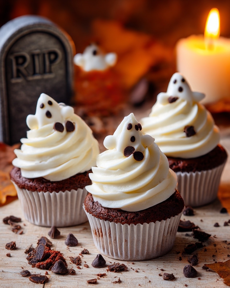 Three chocolate cupcakes in white paper liners sit on a light wooden surface with scattered chocolate crumbs and chips. Each cupcake has three swirled layers of white frosting shaped like small ghosts, with two small dark chocolate chips as eyes on the middle of the frosting swirl. The background is blurred with warm tones, a candle flame on the right side, and a small gravestone prop partially visible on the left with