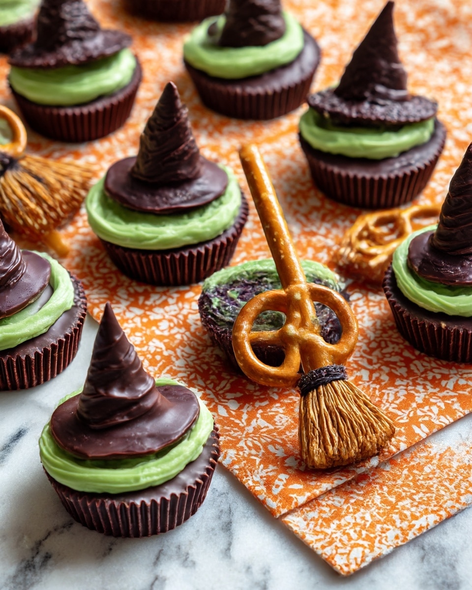 The image shows Halloween treats on a white marbled surface, arranged on an orange and white patterned cloth. There are two types of treats: witch hats and brooms. The witch hats have a flat, round layer of dark chocolate with a slightly bumpy texture, topped with a green ring of icing, and finished with a pointed chocolate piece placed in the center. The brooms are made from a ridged, dark brown chocolate cup as the base, with a straight pretzel stick inserted vertically in the middle, standing upright. The textures and colors contrast with the bright, patterned cloth underneath, creating a festive look. Photo taken with an iphone --ar 4:5 --v 7