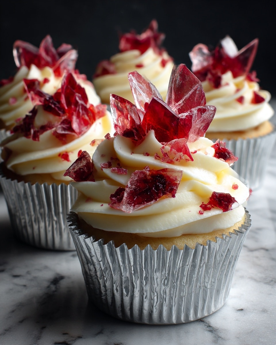 The image shows five cupcakes in shiny silver wrappers, each topped with thick, creamy white frosting swirled in two smooth layers. On top of the frosting, there are several irregular shards of red and clear candy that look like broken glass, standing upright and adding height and texture to each cupcake. The cupcakes are placed on a white marbled surface, with a dark background that makes the bright frosting and candy shards stand out. The overall look is clean, elegant, and dramatic. photo taken with an iphone --ar 4:5 --v 7