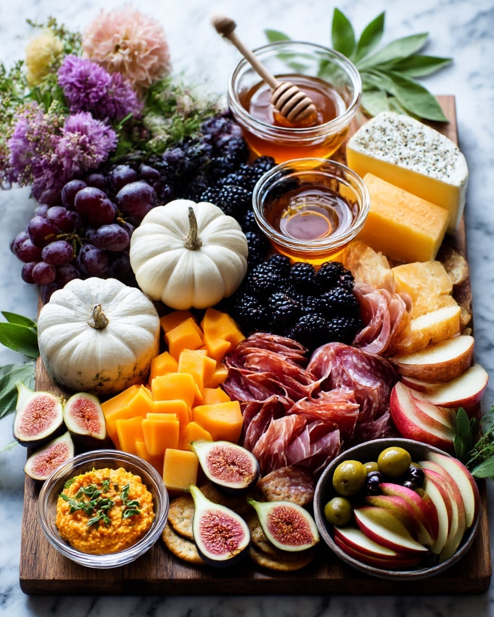 The image shows a spread of various packaged fruits and nuts arranged casually on a white marbled surface. There is a clear plastic container of black olives at the top left, next to a tall bag of candied walnuts with a purple label and a package of white sea salt crackers in the top right. Below these are a plastic container of blackberries and a container of white nuts, possibly peanuts, toward the bottom left. Two dark purple round plums sit in the middle on a wooden cutting board. Several packets of dried fruits are visible, including a bag of dried wild blueberries with a tan label, a white pouch labeled