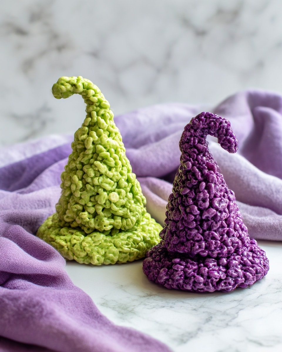 Two candy treats shaped like witches' hats sit side by side on a white marbled surface. Each hat has a wide base layer that flares out, forming a circular shape that looks rough and bumpy. The left one is bright green with visible puffed rice pieces held together tightly, and the right one has the same texture but is deep purple in color. Both hats curve upward into a pointed tip that bends slightly forward. In the background, there are soft purple and green cloths resting together on the white marbled surface, adding a splash of color to the setting. Photo taken with an iphone --ar 4:5 --v 7