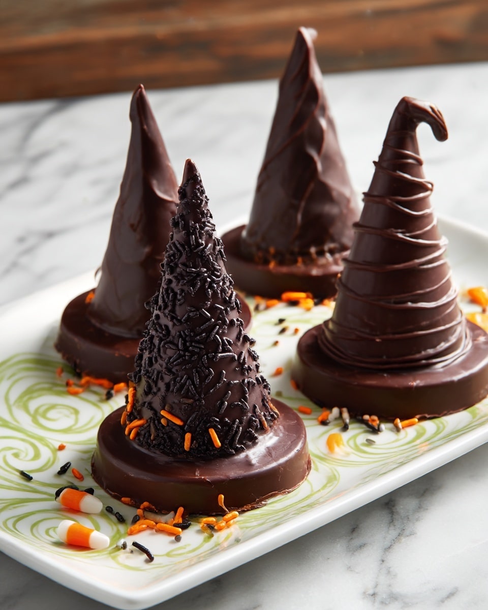 The image shows three tall, thin witch hat-shaped treats standing on a white plate with green swirly patterns placed on a white marbled surface. Each hat has a base layer shaped like a round thin cookie covered with black sugar crystals. The hats are made from a dark chocolate cone covered with textured chocolate and decorated with black sugar crystals on the upper half. Around the base of each hat, there are scattered small orange, black, and white sprinkles. The hats are arranged in a diagonal line with the closest one in clear focus and the others blurred in the background. Photo taken with an iphone --ar 4:5 --v 7