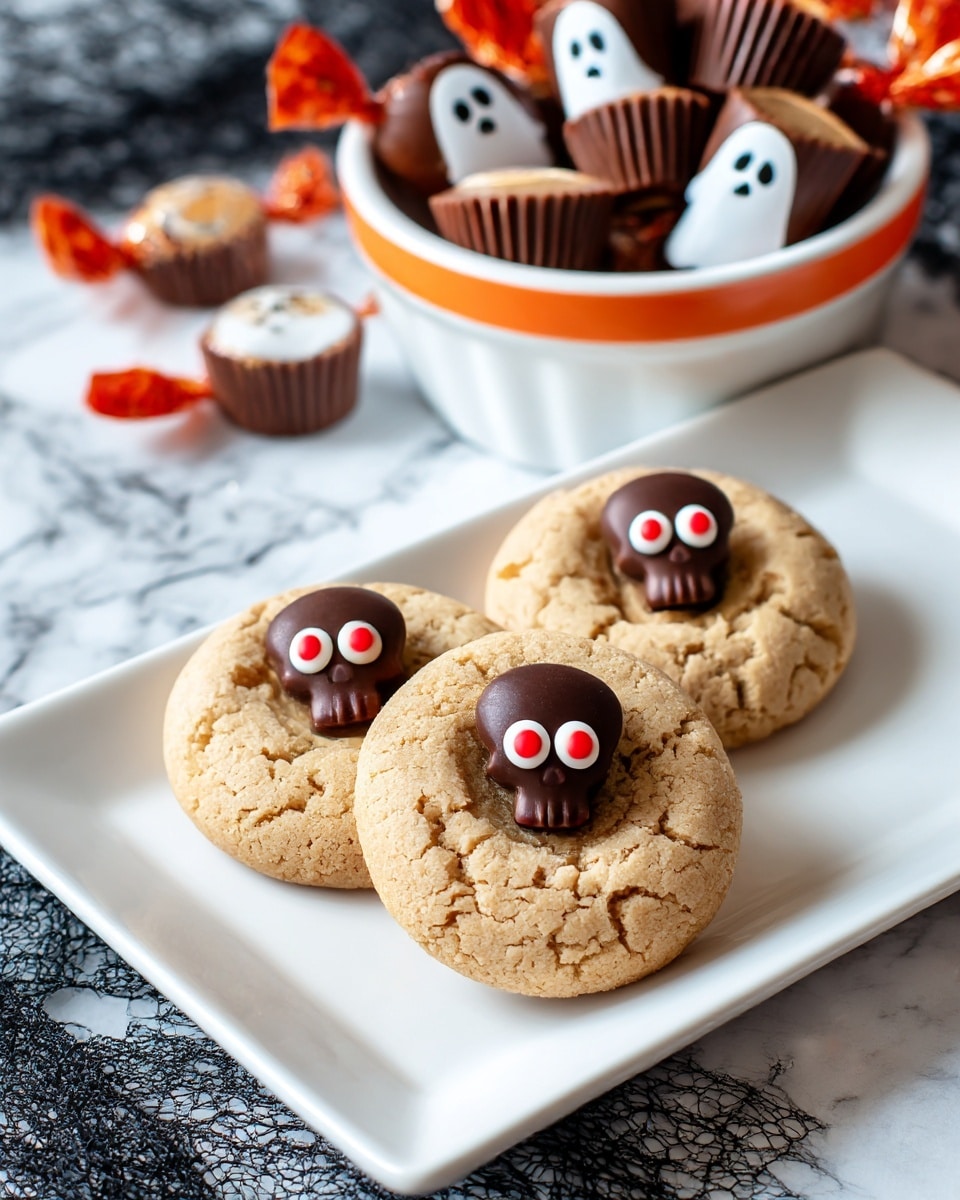 The image shows three light brown cookies with a cracked texture, placed on a white rectangular plate. Each cookie is topped with a small skull-shaped chocolate piece decorated with white and red details to make eyes and a mouth. In the background, there is a white bowl with cute ghost drawings and an orange rim, filled with wrapped peanut butter cup chocolates. The surface beneath is a white marbled texture with a black mesh fabric partially visible. photo taken with an iphone --ar 4:5 --v 7