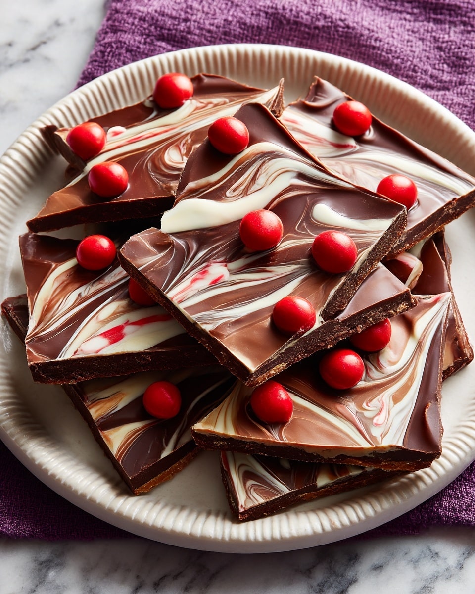 Several pieces of chocolate bark are arranged on a white plate with a white marbled texture surface visible around it. Each piece has two main layers: a thin, rough-textured dark chocolate base and a smooth top layer of milk chocolate decorated with white swirling lines in a wave pattern. Small, round, bright red candy balls are placed on top of each piece. The uneven edges indicate the bark was broken into irregular shapes. The plate has a ridged design along the edges and is partly shown on a purple textured cloth in the background. photo taken with an iphone --ar 4:5 --v 7