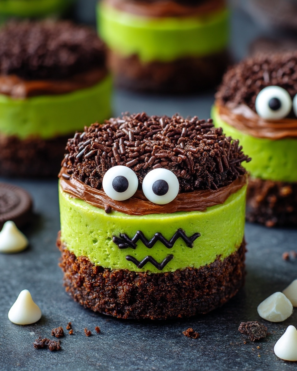 The dessert has three visible layers: a dark brown crumbly base, a thick bright green middle layer, and a top layer covered with small dark brown chocolate sprinkles. On the green middle layer, two round white candy eyes with black centers are placed on the front. There are thin, wavy brown lines below the eyes that look like a sad mouth and an angry eyebrow on one side. A small rounded brown candy is attached to one side like an ear or a button. The dessert sits on a white marbled surface with more similar desserts blurred in the background. Photo taken with an iphone --ar 4:5 --v 7