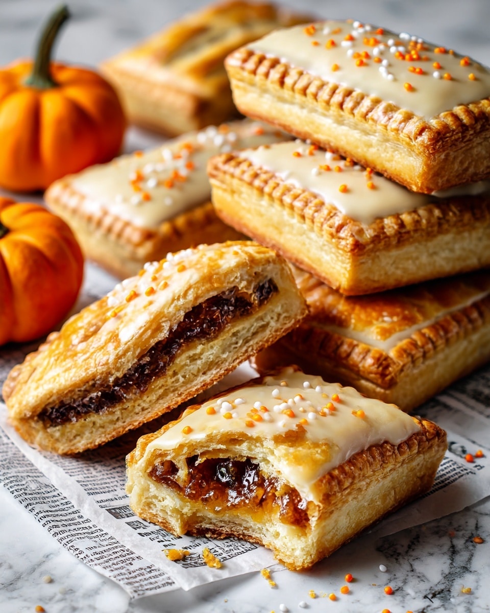 A tall stack of seven rectangular pastries with golden-brown crusts sits on a white marbled surface. The top two pastries are slightly lifted to show a thick, rich orange-brown filling inside. The top pastry is covered with a smooth, white icing that drips slightly down the sides, and is decorated with small orange, yellow, and dark brown sprinkles. The pastries have crimped edges and a flaky texture, and the background features an orange pumpkin and a woman's hand holding a pastry in the corner. Photo taken with an iphone --ar 4:5 --v 7