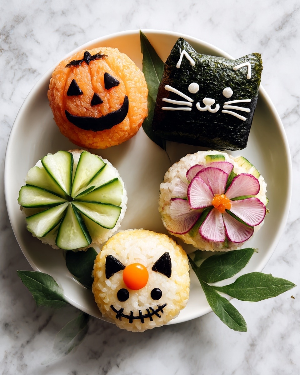 In a white bowl with a rough rim, six round rice balls are arranged in two rows. The top row has an orange ball with a simple jack-o'-lantern face made from dark seaweed, next to a dark green ball decorated like a cat’s face, with white sauce for eyes, nose, mouth, and whiskers. Below this, there is a white ball topped with thin cucumber slices shaped like flower petals and a pink center, and beside it, another white ball with thin red radish slices arranged in flower petals, with an orange dot in the middle. The bottom row has a white rice ball decorated like a stitched smiling face using seaweed, and next to it, a yellow ball with another jack-o'-lantern face made of seaweed. Green shiso leaves are placed under the rice balls. The bowl sits on a white marbled surface photo taken with an iphone --ar 4:5 --v 7