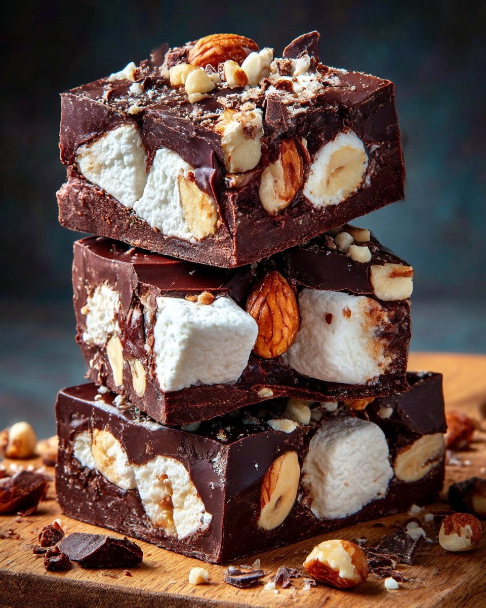 A close-up image shows three thick pieces of dark chocolate stacked on top of each other on a wooden surface. Each piece has large white marshmallow chunks and whole nuts embedded inside, with the dark chocolate forming a smooth, glossy outer layer. The marshmallow pieces are soft and spongy, creating a contrast in texture and color with the shiny dark chocolate. Chocolate crumbs and small nut fragments scatter on the wooden surface around the stack. The background has a dark, blurred effect that makes the chocolate pieces stand out sharply. Photo taken with an iphone --ar 4:5 --v 7