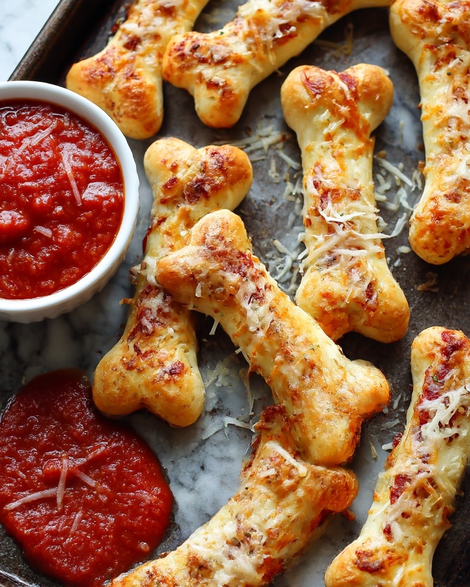 The image shows several light yellow breadsticks shaped like bones, topped with grated white cheese and a grainy topping, lying scattered on a dark baking tray. Near the bottom left corner, there is a small white bowl filled with a red tomato sauce sprinkled with dried herbs. The surface beneath everything is a white marbled texture. Photo taken with an iphone --ar 4:5 --v 7