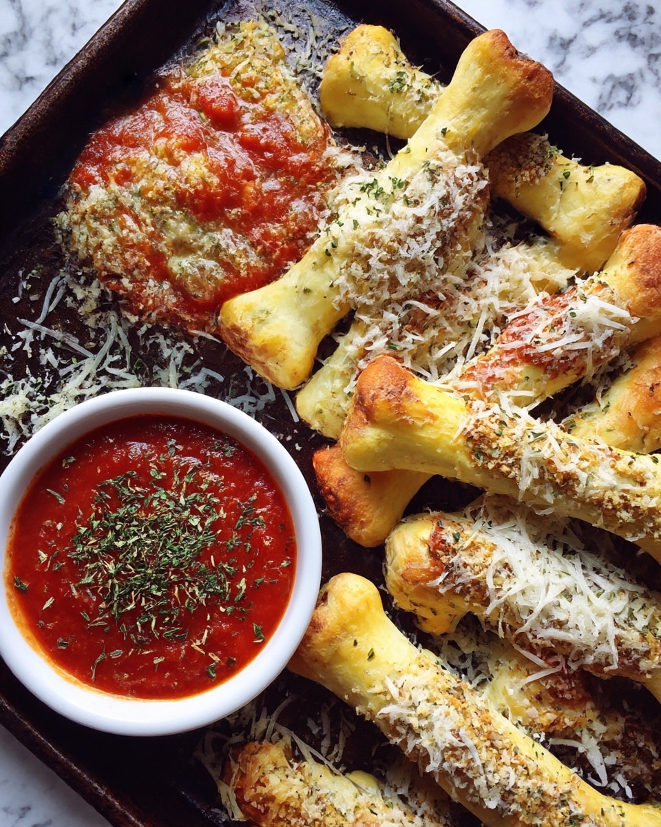 The image shows several cheese sticks shaped like bones, placed on a dark baking sheet. The cheese sticks have a pale golden color with a slightly crispy texture and are sprinkled with grated cheese on top. Some sticks at the bottom have red marinara sauce on or near them. The surface under the baking sheet is a white marbled texture. There is a white bowl filled with red marinara sauce on the side. Photo taken with an iphone --ar 4:5 --v 7