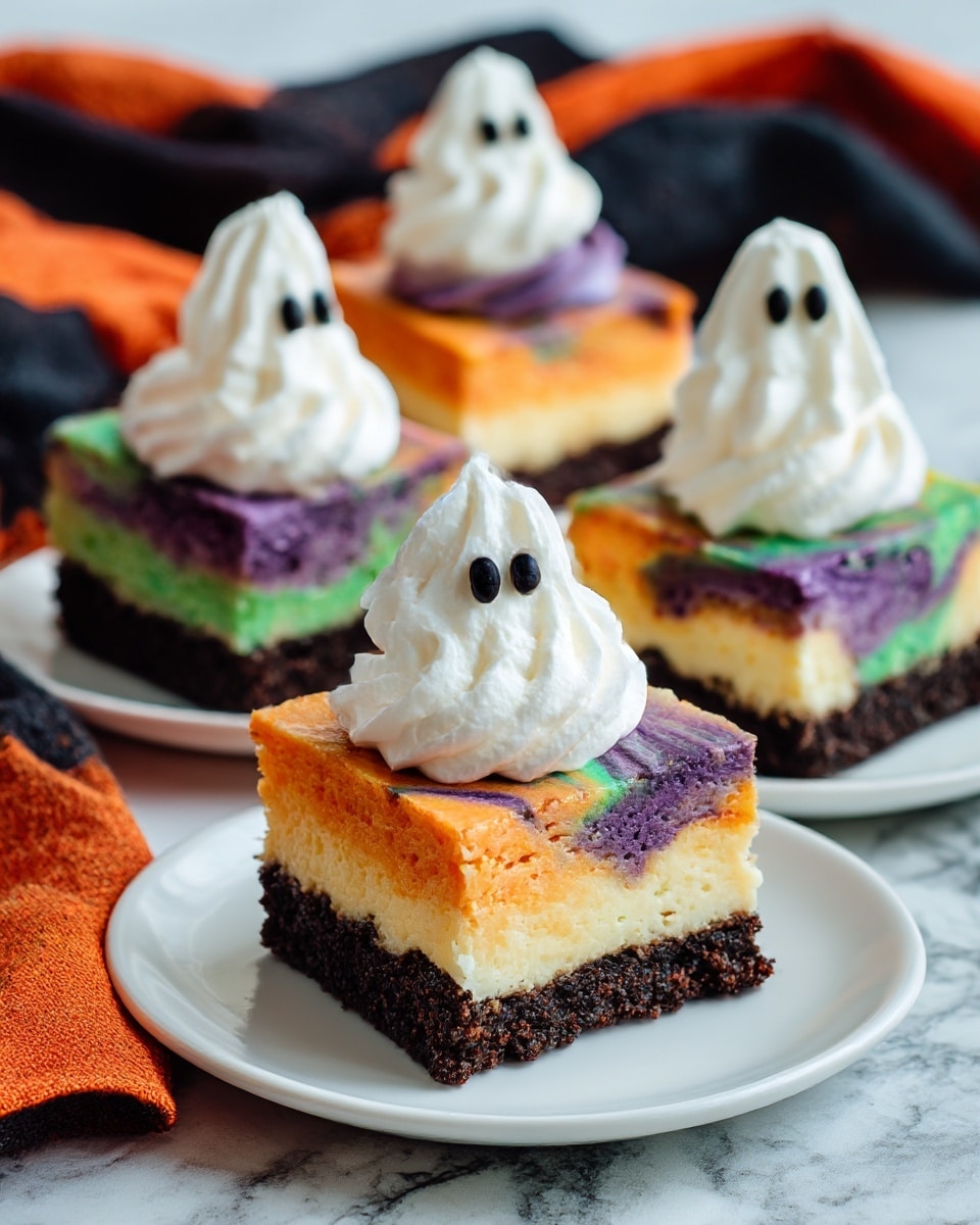 A square dessert with three distinct layers sits on a white plate. The bottom layer is dark brown and crumbly, looking like crushed cookies. The middle layer is thick and swirled with bright orange, green, and purple colors, with a smooth texture. On top of this colorful layer, there is a large swirl of white whipped cream shaped like a ghost, complete with two small black eyes made from candy or icing. In the background, there is another similar dessert visible but out of focus. The plate rests on an orange and black patterned cloth atop a white marbled surface. Photo taken with an iphone --ar 4:5 --v 7