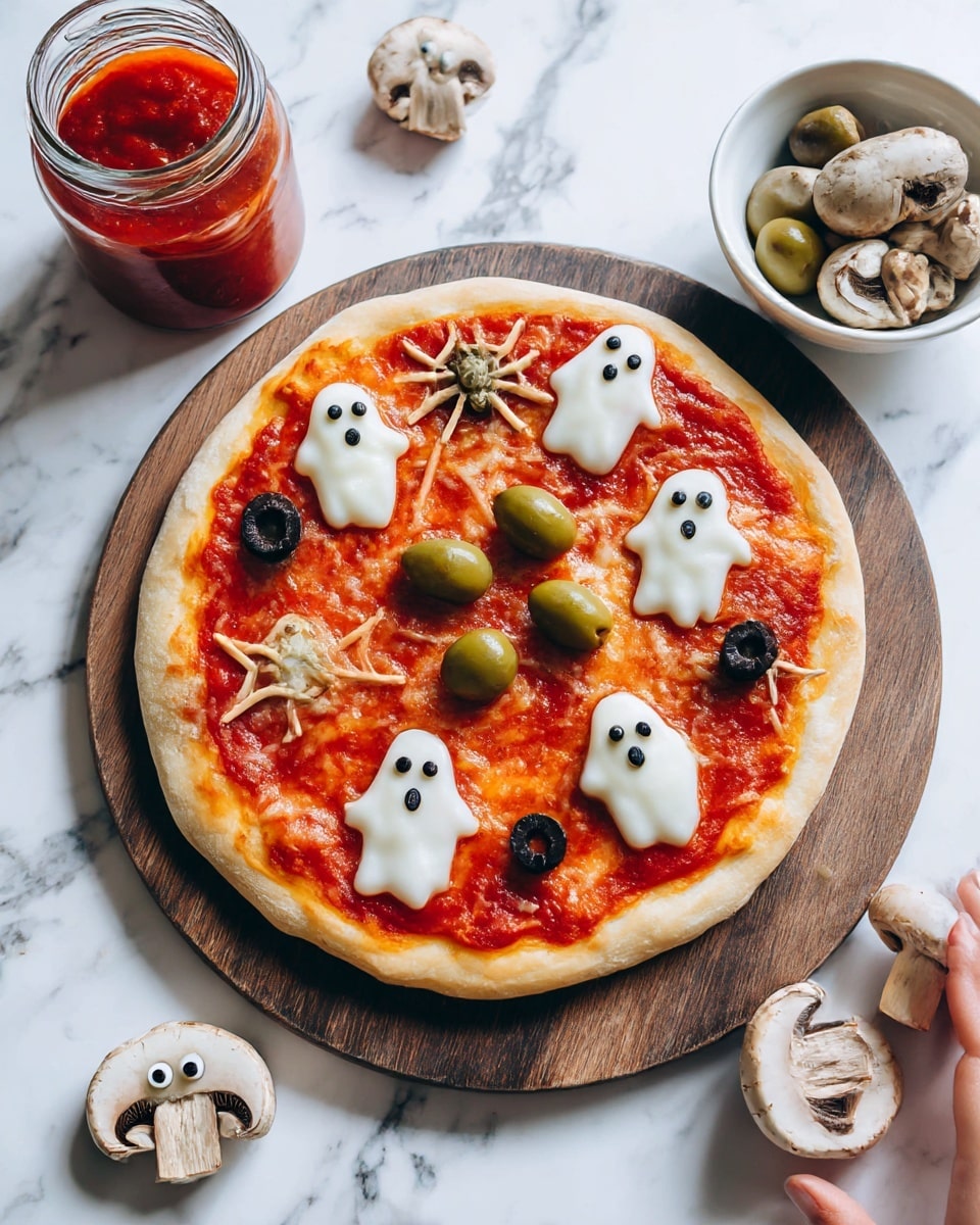 A round pizza on a white plate sits on a white marbled surface decorated with white and orange spider shapes. The pizza has a golden-brown crust and is topped with melted yellow cheese in the base layer. On top, there are five small ghost shapes made from melted white cheese, each with two small black olive pieces as eyes and a curved black olive slice as a mouth. Around the ghosts, there are three fake fried egg shapes made with white cheese, yellow yolk in the center, and a ring of red ketchup around the yolk. Additionally, five spider shapes are made from black olives, with a whole olive as the body and thin olive slices as legs spread outwards. Photo taken with an iphone --ar 4:5 --v 7