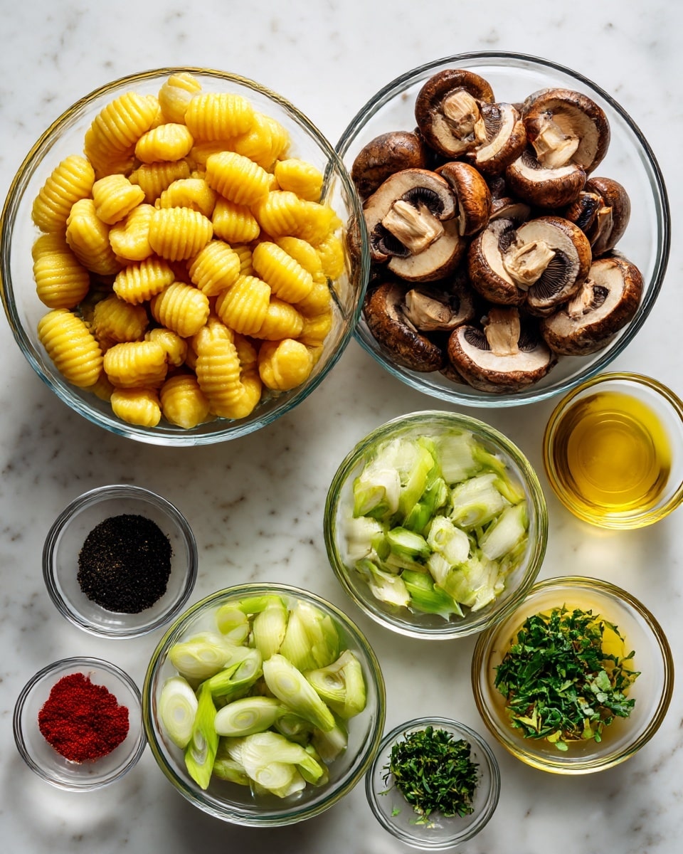 The image shows seven clear glass bowls filled with different ingredients placed on a white marbled surface. Starting from the top left, there is a large bowl full of yellow uncooked gnocchi with a ridged texture. To the right of it is another large bowl piled with sliced brown mushrooms showing their light inner flesh and dark gills. Below the gnocchi bowl is a smaller bowl filled with sliced light green spring onions. To the left of that bowl is a small bowl of black pepper, and below the pepper bowl is another small bowl filled with red paprika powder. To the right of the paprika is a small bowl holding chopped green herbs. The final bowl at the bottom right corner contains a yellowish liquid, likely olive oil. photo taken with an iphone --ar 4:5 --v 7