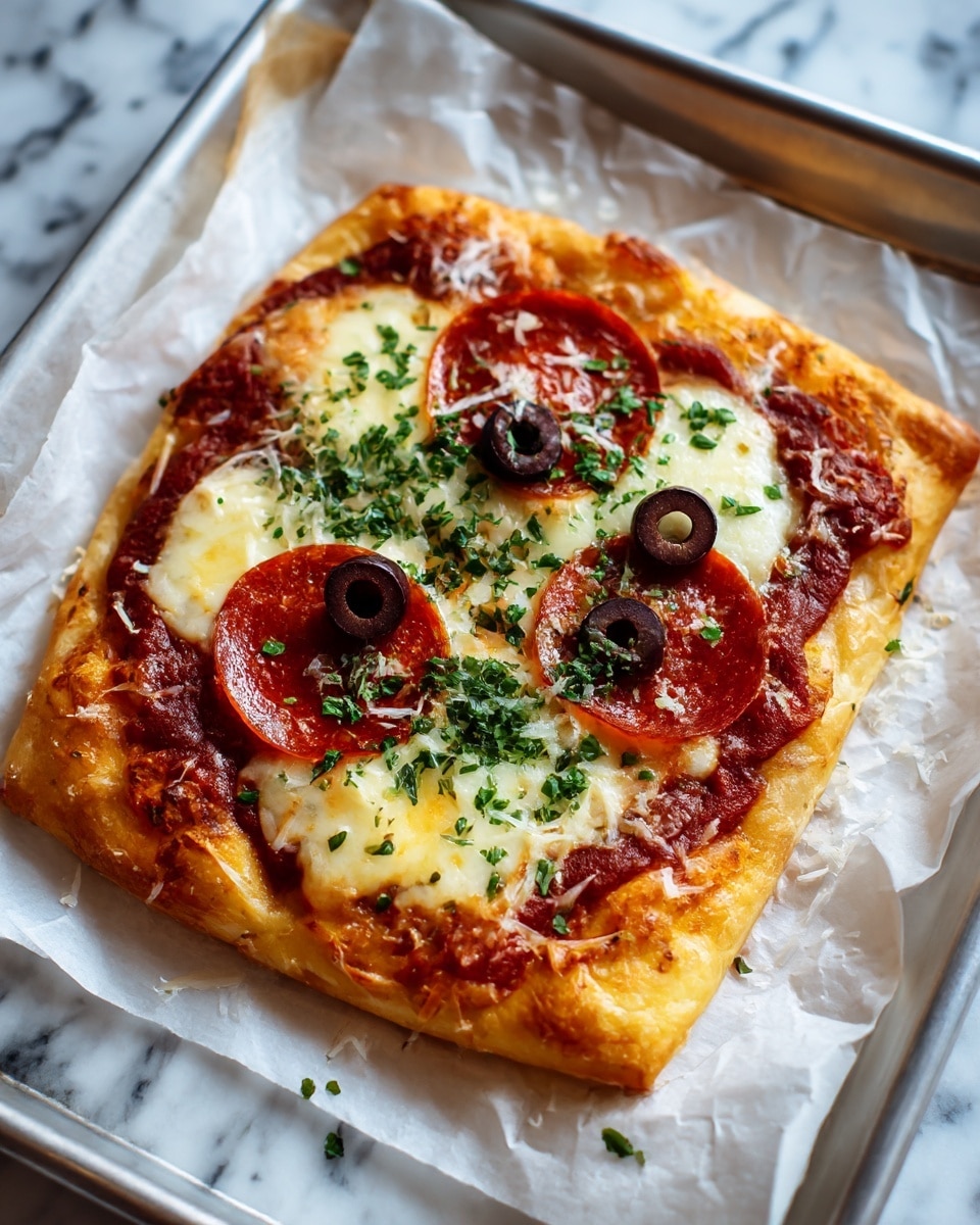 This image shows a small, square pizza with a golden-brown crust at the base. On top, there is a layer of dark red tomato sauce covering the dough evenly. Over the sauce, there are thick strips of melted white cheese placed in parallel lines from side to side. Two pepperoni slices are near the center, each topped with a black olive ring, resembling eyes. A light sprinkling of green herbs is spread on top of the cheese, adding texture and color. The pizza sits on white parchment paper, placed on a baking tray, with a white marbled surface in the background. photo taken with an iphone --ar 4:5 --v 7
