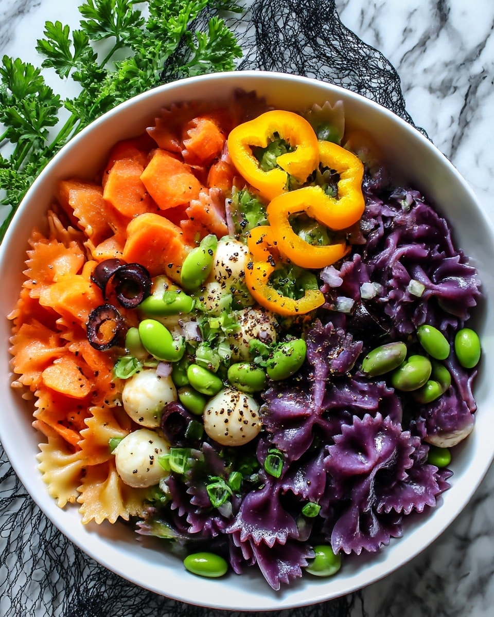 A white bowl full of dark purple bow tie pasta forms the main layer, with bright orange star-shaped carrot slices and yellow crescent-shaped bell pepper pieces spread on top. Small white round mozzarella balls, light green edamame beans, and black olive rings are scattered evenly. Tiny cubes of purple onion are mixed throughout. The bowl sits on a black textured cloth with a few green parsley leaves around it, all set on a white marbled surface. The colors and shapes give a festive and vibrant look, with light specks of black pepper on top. Photo taken with an iphone --ar 4:5 --v 7