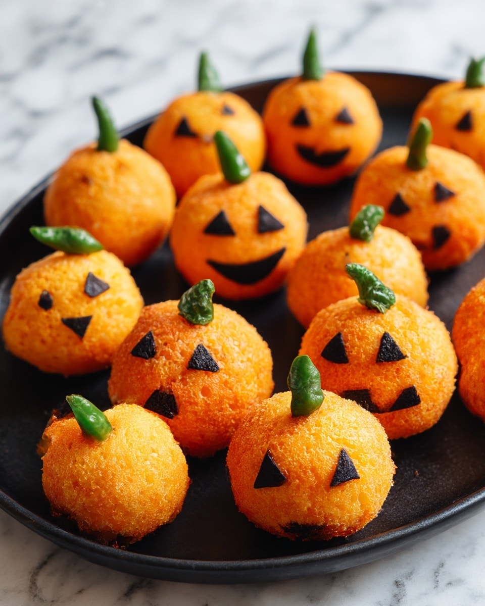 A group of small, round orange balls shaped like pumpkins sit on a black plate. Each ball has small black triangle or circle pieces arranged on the front to look like different spooky faces. A tiny green chili is poked on the top of each ball to look like a pumpkin stem. The plate is on a white marbled surface. The texture of the balls is slightly rough, showing the small grains inside. They are placed in rows with some balls closer to the camera and others blurred in the back. photo taken with an iphone --ar 4:5 --v 7