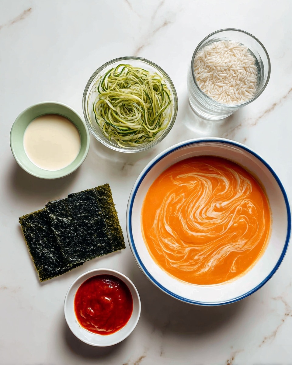Two white bowls sit on a white marbled surface covered partially by a gray cloth, each bowl filled with a smooth, creamy orange soup as the base layer. On top of the soup in each bowl are two round mounds of white rice positioned like eyes, each topped with a dark olive with a small dab of red sauce in the center. Thin green vegetable strips resembling hair are placed around the rice mounds, rising up like wild hair. Red sauce is scattered over the soup, creating playful patterns around the rice eyes. Some green strips and small splashes of sauce are also scattered around the bowls on the surface. Photo taken with an iphone --ar 4:5 --v 7