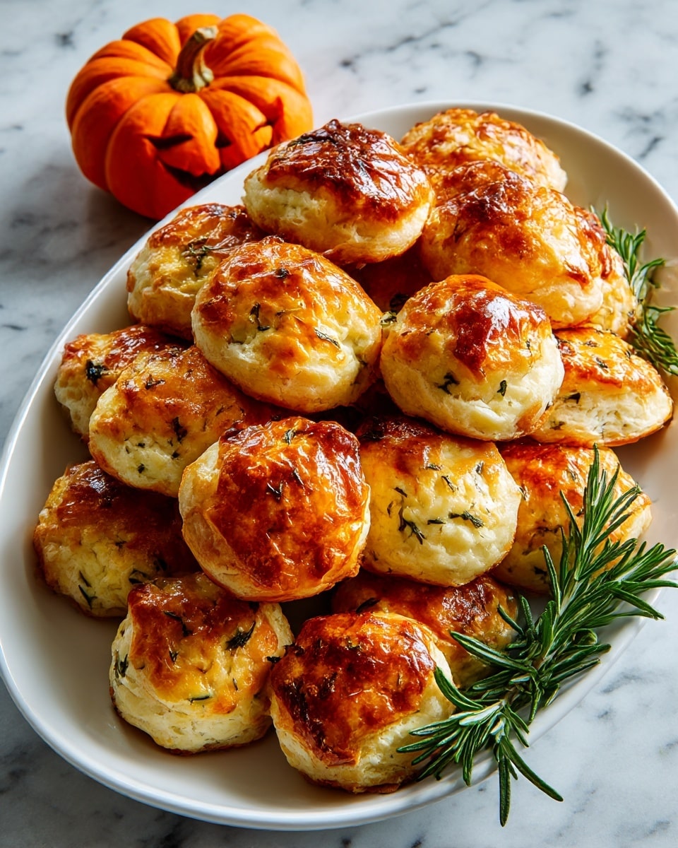 The image shows a white oval plate filled with about twenty small round pastries stacked casually. Each pastry has a golden brown top layer with a shiny, flaky texture, and light beige sides. A green sprig of rosemary rests at the bottom right of the plate. Above the plate, an orange pumpkin sits on a white marbled surface that acts as the background. photo taken with an iphone --ar 4:5 --v 7