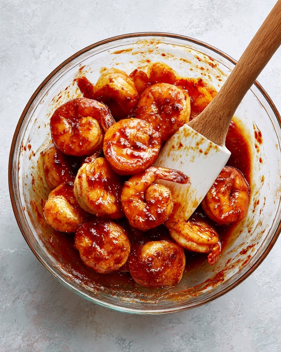 A clear glass bowl sits on a white marbled textured surface, filled with about a dozen medium-sized shrimp coated in a rich, shiny reddish-brown sauce mixed with spices; the shrimp have a slightly curled shape and are clustered mostly in the middle and bottom of the bowl. Inside the bowl, resting among the shrimp, is a white spatula with a wooden handle, its white blade smudged with the same thick sauce, and traces of sauce smeared on the inner walls of the bowl. photo taken with an iphone --ar 4:5 --v 7