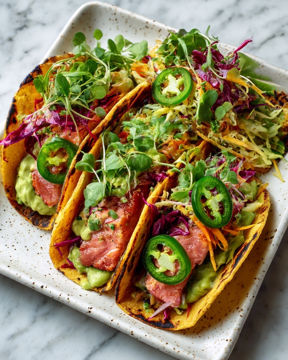 A single grilled corn tortilla with charred edges lies flat on a wooden textured surface. The bottom layer is a spread of bright green creamy sauce, topped with pinkish-orange cooked salmon chunks. Above the salmon, there is a colorful mix of thin, long vegetable strips—orange, yellow, and purple—coated lightly with a yellowish dressing. Fresh green chopped herbs are scattered on top as a final layer. photo taken with an iphone --ar 4:5 --v 7