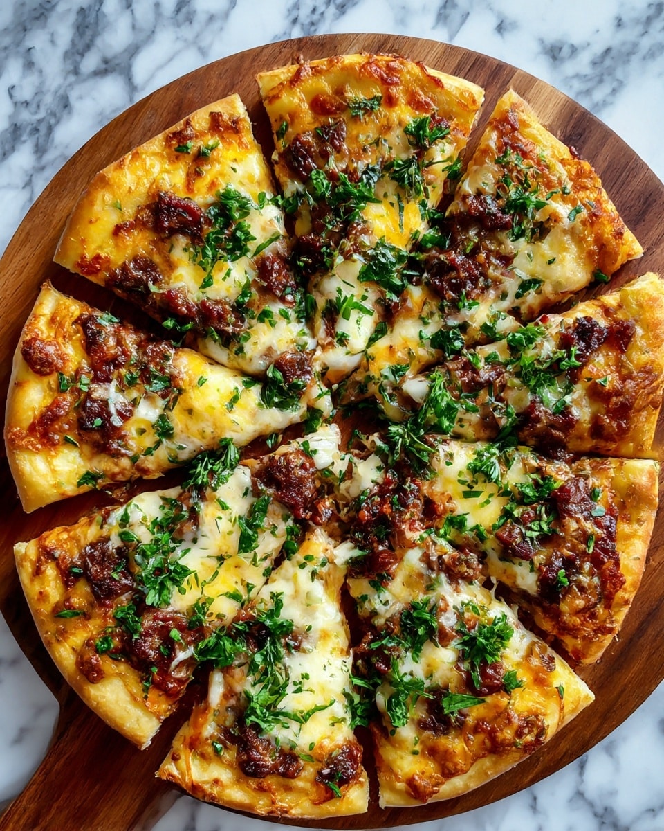 The image shows a round pizza sliced into eight pieces on a wooden board. The pizza has a golden-brown crust with a slight crisp texture. The first layer is melted yellow and white cheese covering the surface evenly. On top, there are small chunks of browned meat spread all over the pizza. Sprinkled green fresh herbs add a pop of color over the melted cheese and meat. The background is a white marbled surface. Photo taken with an iphone --ar 4:5 --v 7