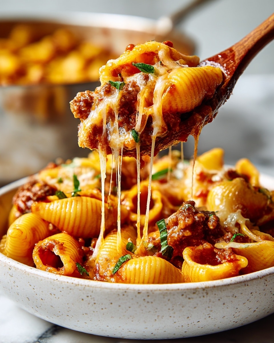 A close-up of a white bowl filled with three visible layers of cheesy pasta mixed with ground meat and pieces of tomato; the pasta is orange and curly, coated in sauce, with melted cheese strands stretching as a wooden spoon lifts a portion. The top layer is sprinkled with dried herbs that add green specks for contrast. The bowl is held by a woman's hand against a white marbled surface, and in the blurred background, a pot filled with more of the same pasta dish can be seen. Photo taken with an iphone --ar 4:5 --v 7