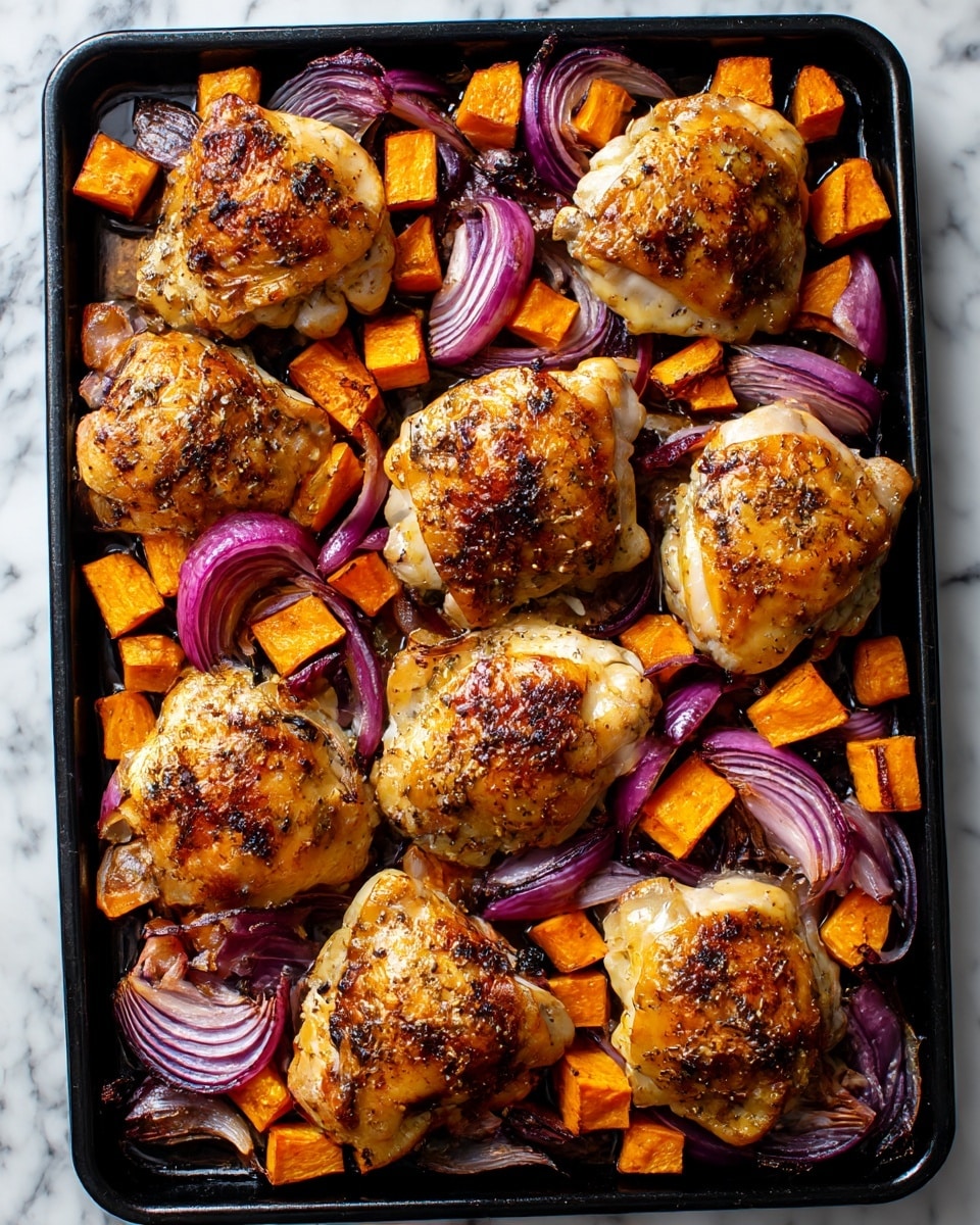 A black baking tray filled with golden-brown roasted chicken pieces placed evenly, showing a slightly crispy skin with brown and yellow tones. Scattered around the chicken are small, cubed orange sweet potatoes and slices of purple-red onions with a shiny, cooked appearance. The tray is covered with a glossy layer of cooking juices and oil, creating a slightly dark and rich background. The overall arrangement looks warm and roasted, with a mix of smooth and textured surfaces on the chicken and vegetables. photo taken with an iphone --ar 4:5 --v 7