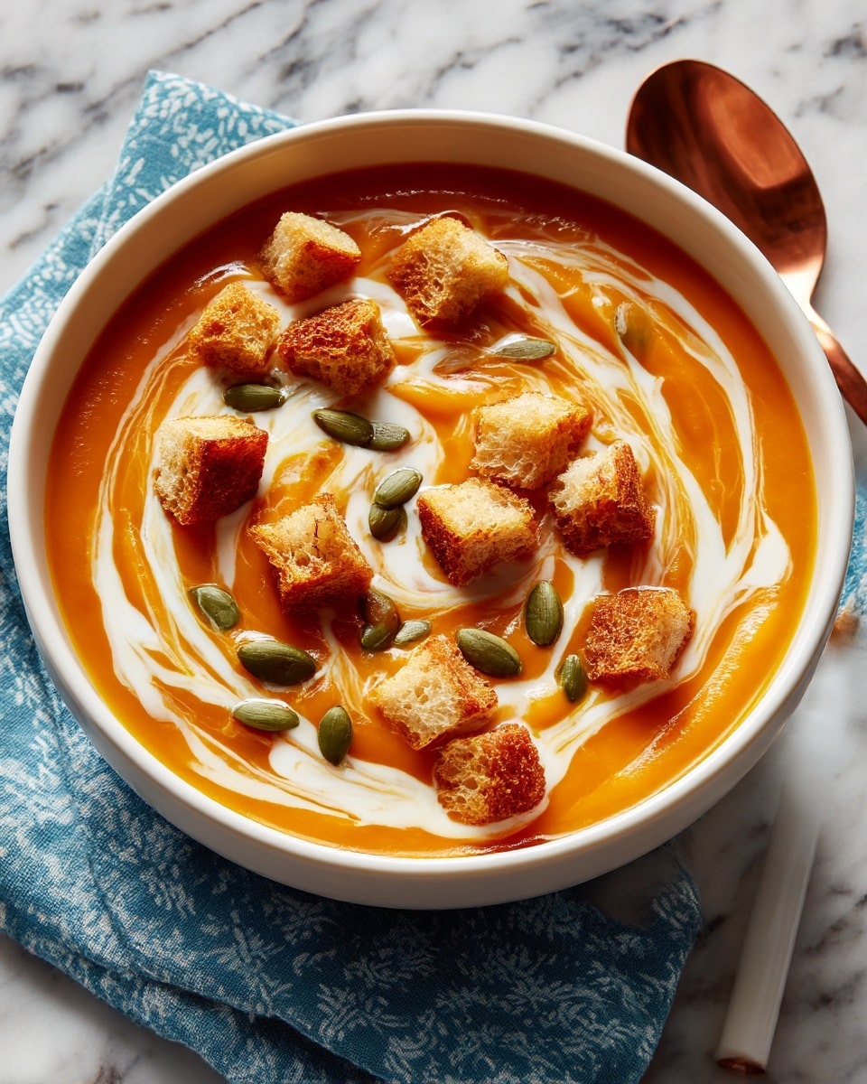 The image shows a shallow white bowl filled with thick orange pumpkin soup as the first layer. Swirled on top is a smooth white cream, creating a marbled effect. Scattered on the surface are golden-brown toasted bread cubes with black seeds and light green pumpkin seeds. A shiny spoon with a dark brown handle rests inside the bowl, slightly lifting some soup. The bowl is placed on a white marbled surface. photo taken with an iphone --ar 4:5 --v 7