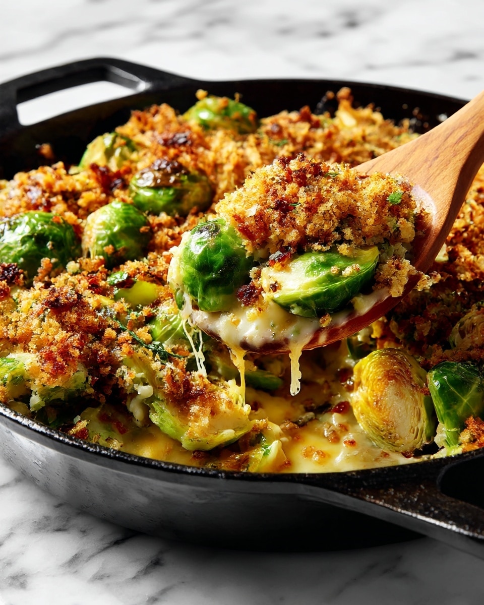 The image shows many roasted Brussels sprouts with a crispy, browned outer layer and some white grated cheese sprinkled over them. The Brussels sprouts are cut in half, showing layered green and light yellow leaves inside, with a mix of darker charred spots and golden-brown areas on the cut surfaces. A wooden spatula is holding some of the Brussels sprouts above a white marbled surface, with more sprouts scattered around it. photo taken with an iphone --ar 4:5 --v 7