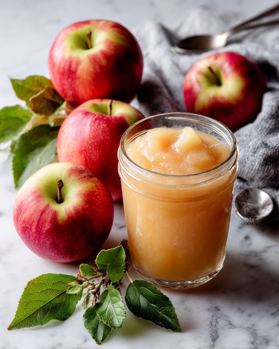 A clear glass mason jar filled with smooth, pale peach-colored applesauce almost to the top, with a small rounded peak on the surface. The jar is sitting on a white marbled surface next to three fresh red apples with yellowish patches and green leaves still attached to their stems, adding a fresh, natural touch. In the background, there is a soft blue-gray cloth and a pair of black utensils partially visible, creating a calm and simple setting. Photo taken with an iphone --ar 4:5 --v 7