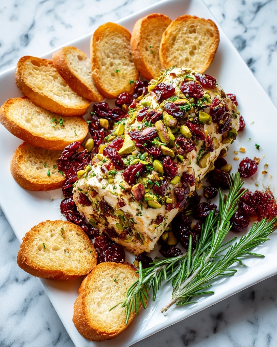 The image shows a white square plate on a white marbled surface, holding a log-shaped cheese ball covered with chopped pistachios and dried cranberries, creating a colorful mix of green, red, and cream textures on the outside. Surrounding the cheese ball are golden brown toasted bread slices arranged in a loose circle, offering a crunchy contrast. Fresh rosemary sprigs add green accents at the bottom of the plate. The overall look is fresh and appetizing with the toast and cheese ball as the main focus, and the photo taken with an iphone --ar 4:5 --v 7