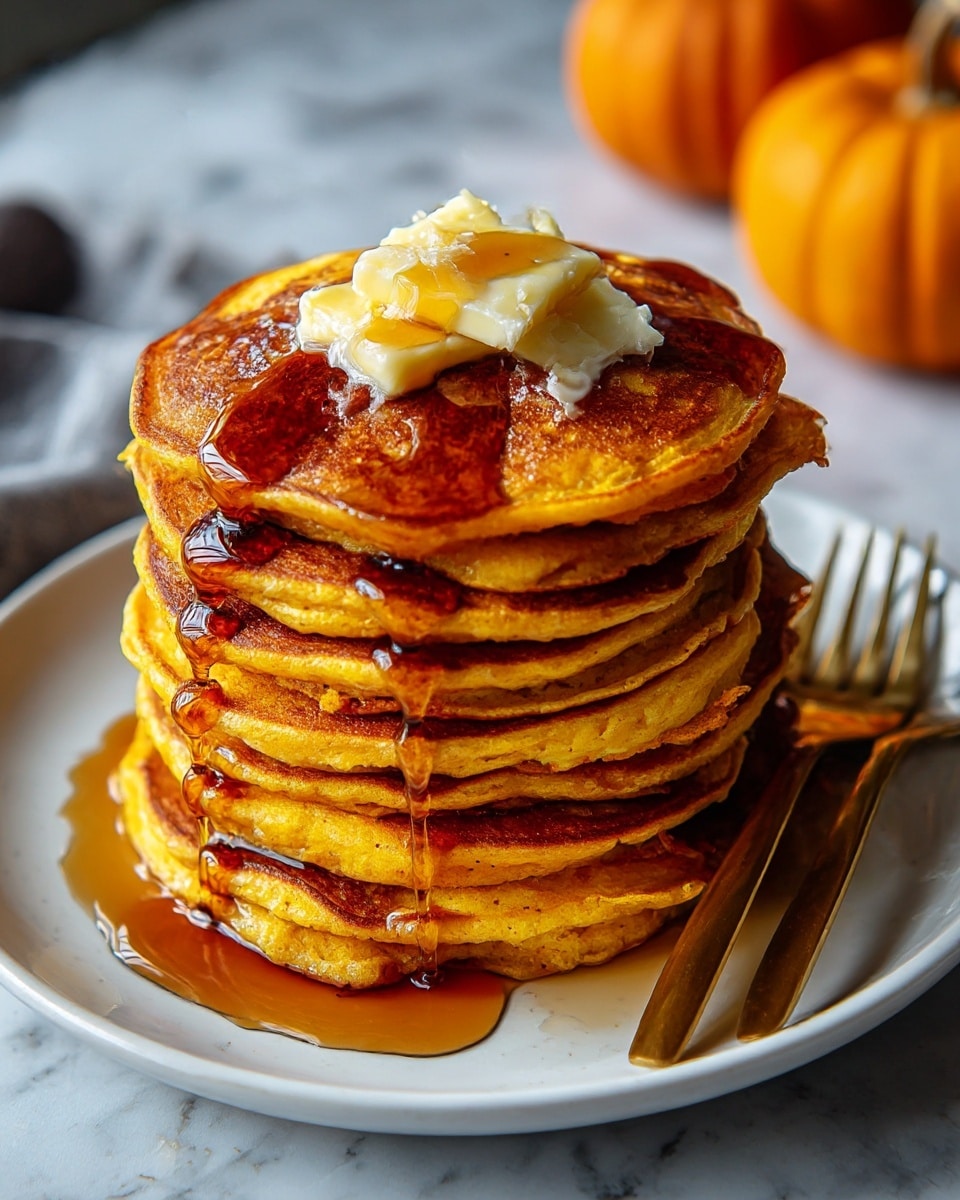 A stack of seven golden-brown pancakes sits on a white plate with a white marbled surface underneath. Each pancake looks thick and soft with slightly rough edges, showing a warm, orange-brown color. On top of the stack, there is a pat of light yellow butter melting, with dark amber syrup slowly dripping down all sides, pooling at the bottom. A pair of golden utensils is placed on the right side of the plate. In the background, a large orange pumpkin is softly blurred. Photo taken with an iphone --ar 4:5 --v 7